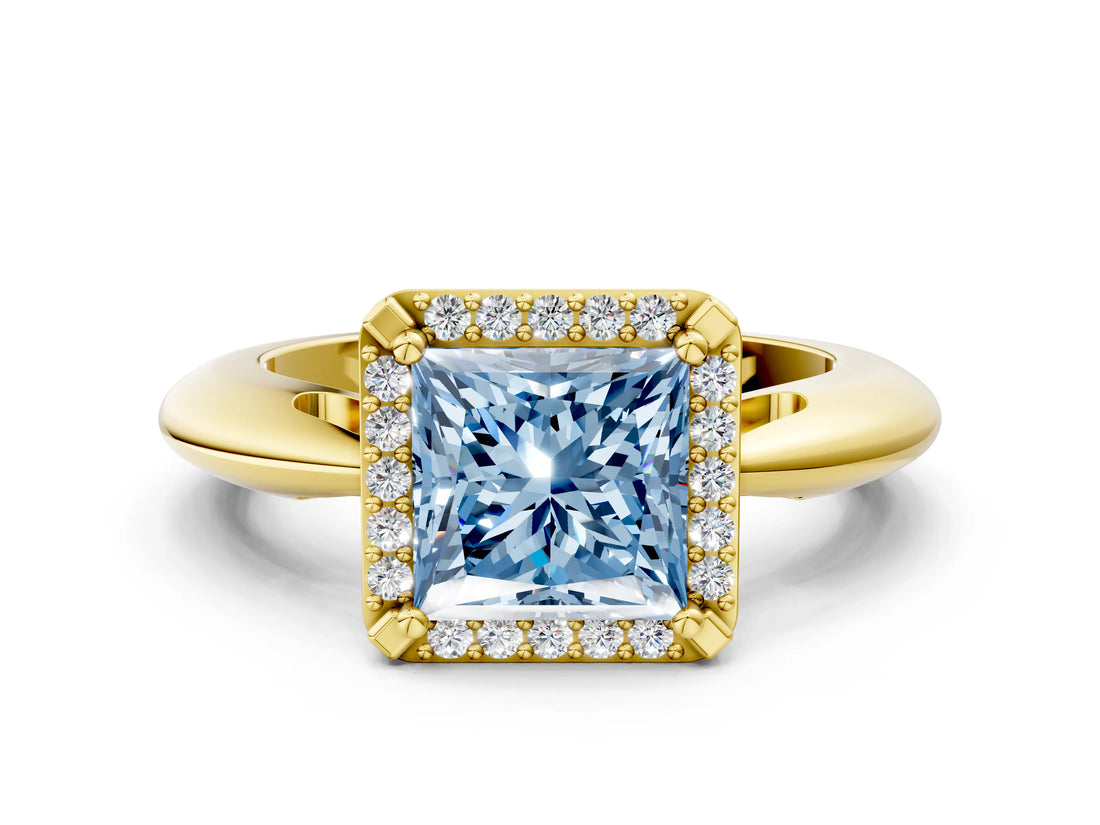Yellow gold Fancy Blue Princess  Cut Diamond Halo Engagement Ring with Split Shank and Four-Prong Setting_90