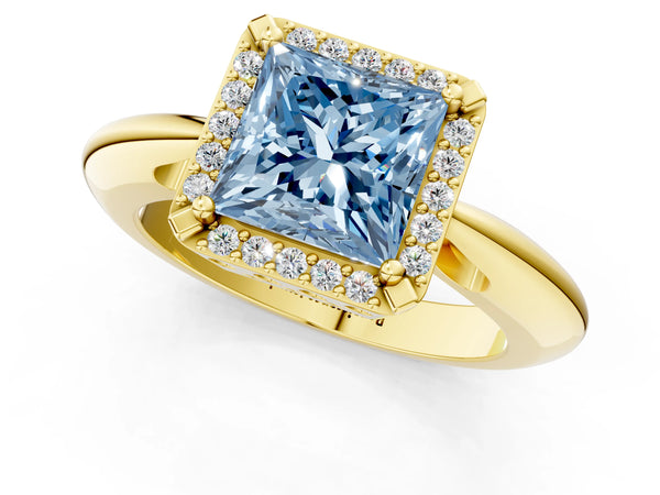 Yellow gold Fancy Blue Princess  Cut Diamond Halo Engagement Ring with Split Shank and Four-Prong Setting