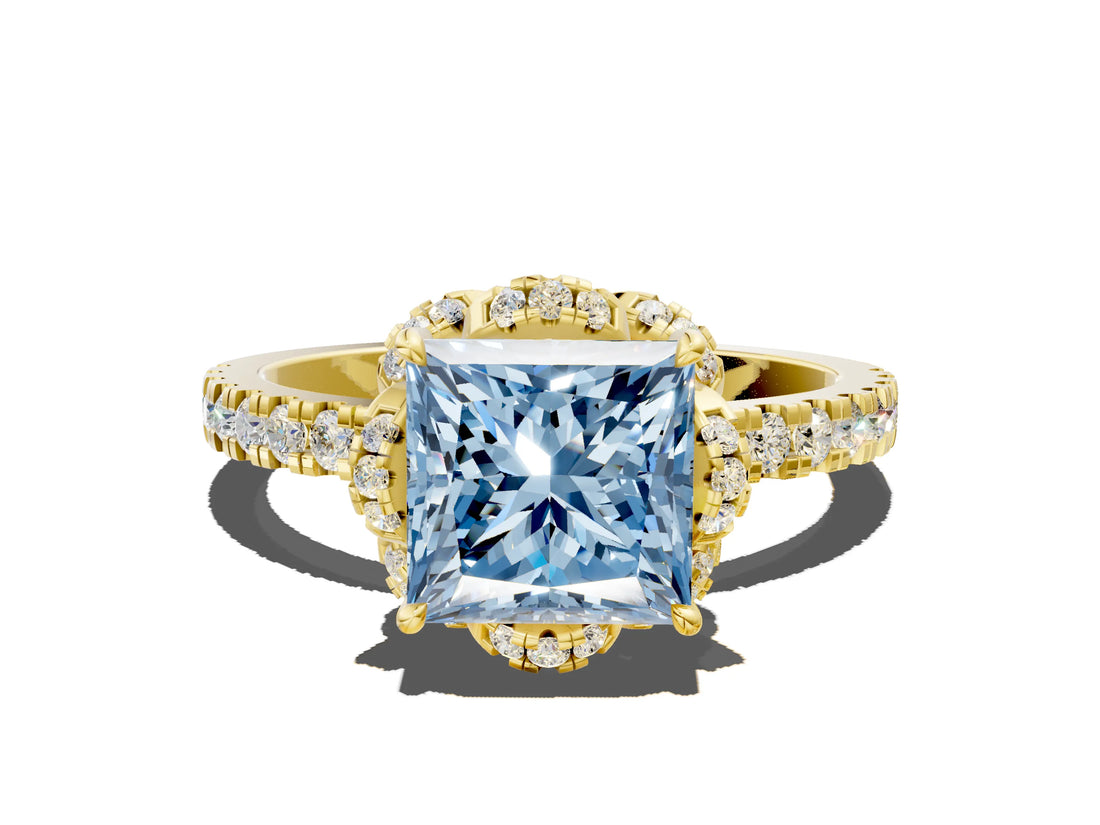 Yellow gold Fancy Blue Princess Cut Diamond Halo Pave Band with Four-Prong Setting_3
