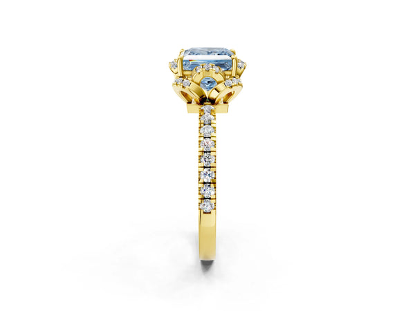 Yellow Gold Princess Cut Four Petal Floral Halo Engagement Ring Setting for Fancy Blue Center