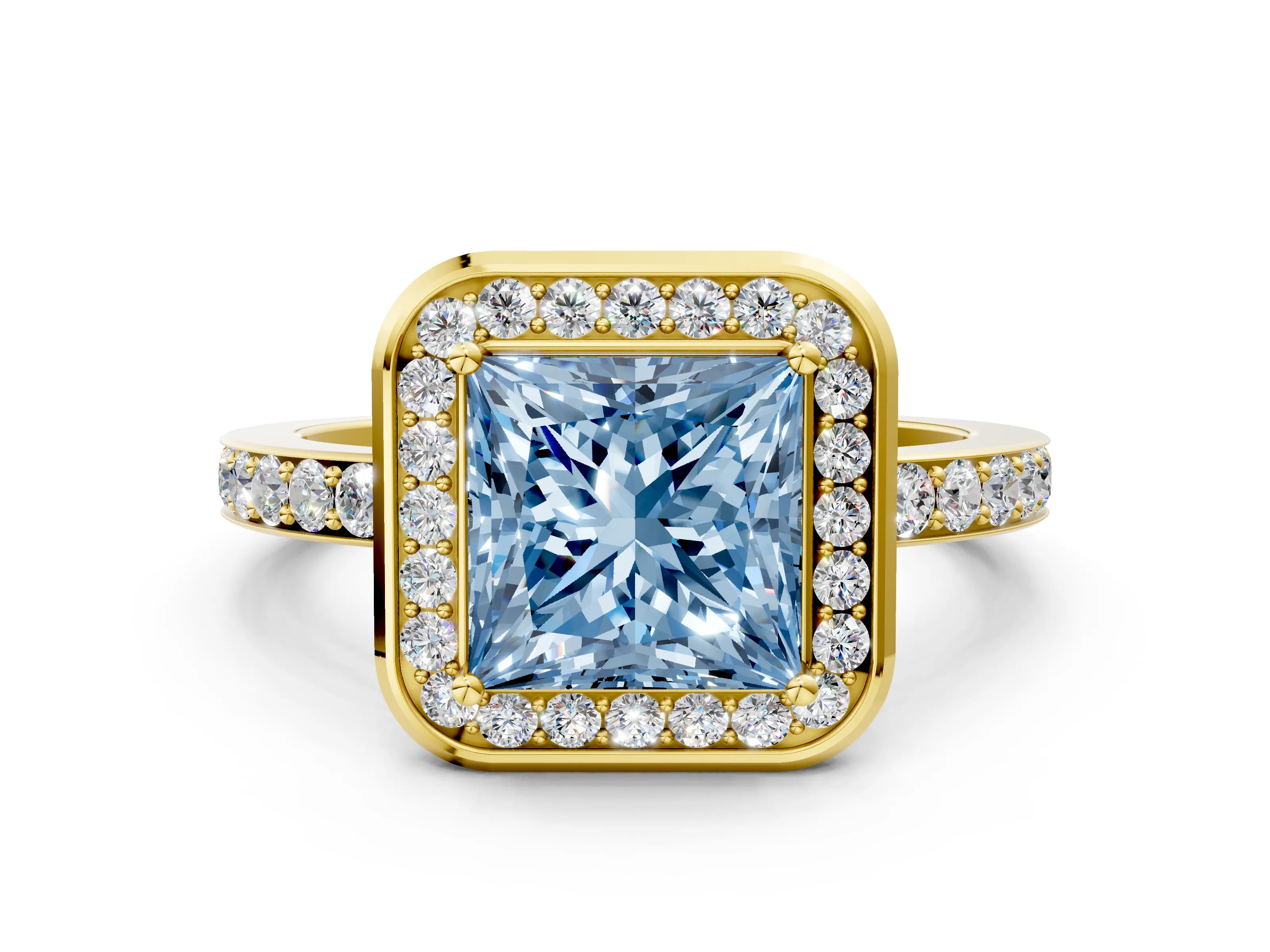 Yellow gold Fancy Blue Princess Cut Diamond Halo Ring with Bezel Frame and Pavé Band