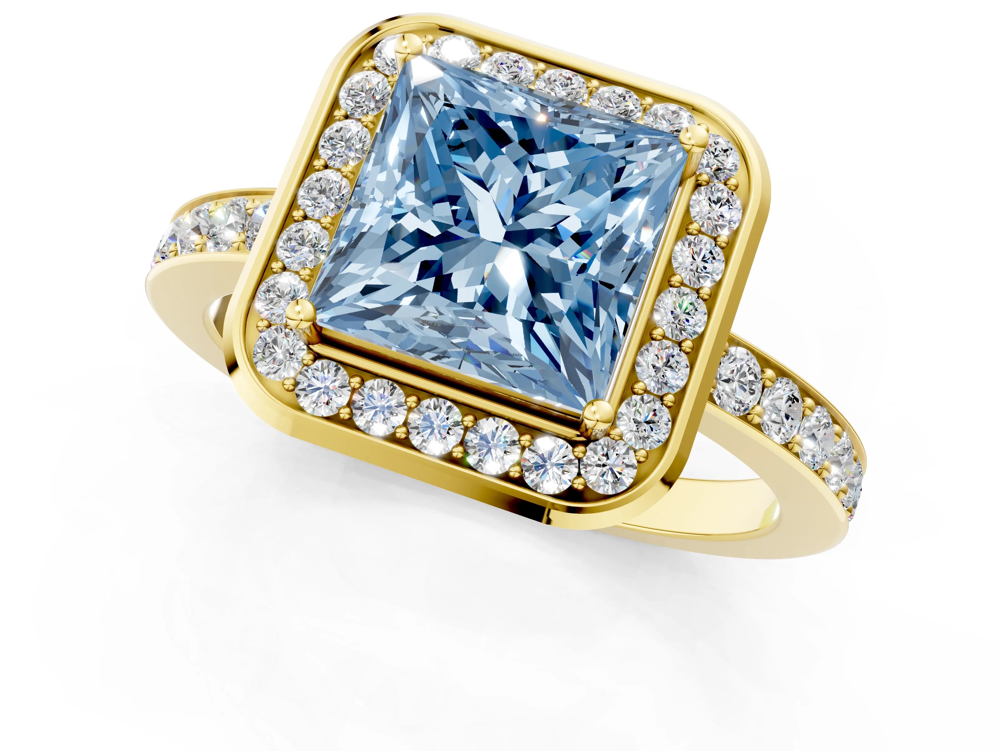 Yellow gold Fancy Blue Princess Cut Diamond Halo Ring with Bezel Frame and Pavé Band_1