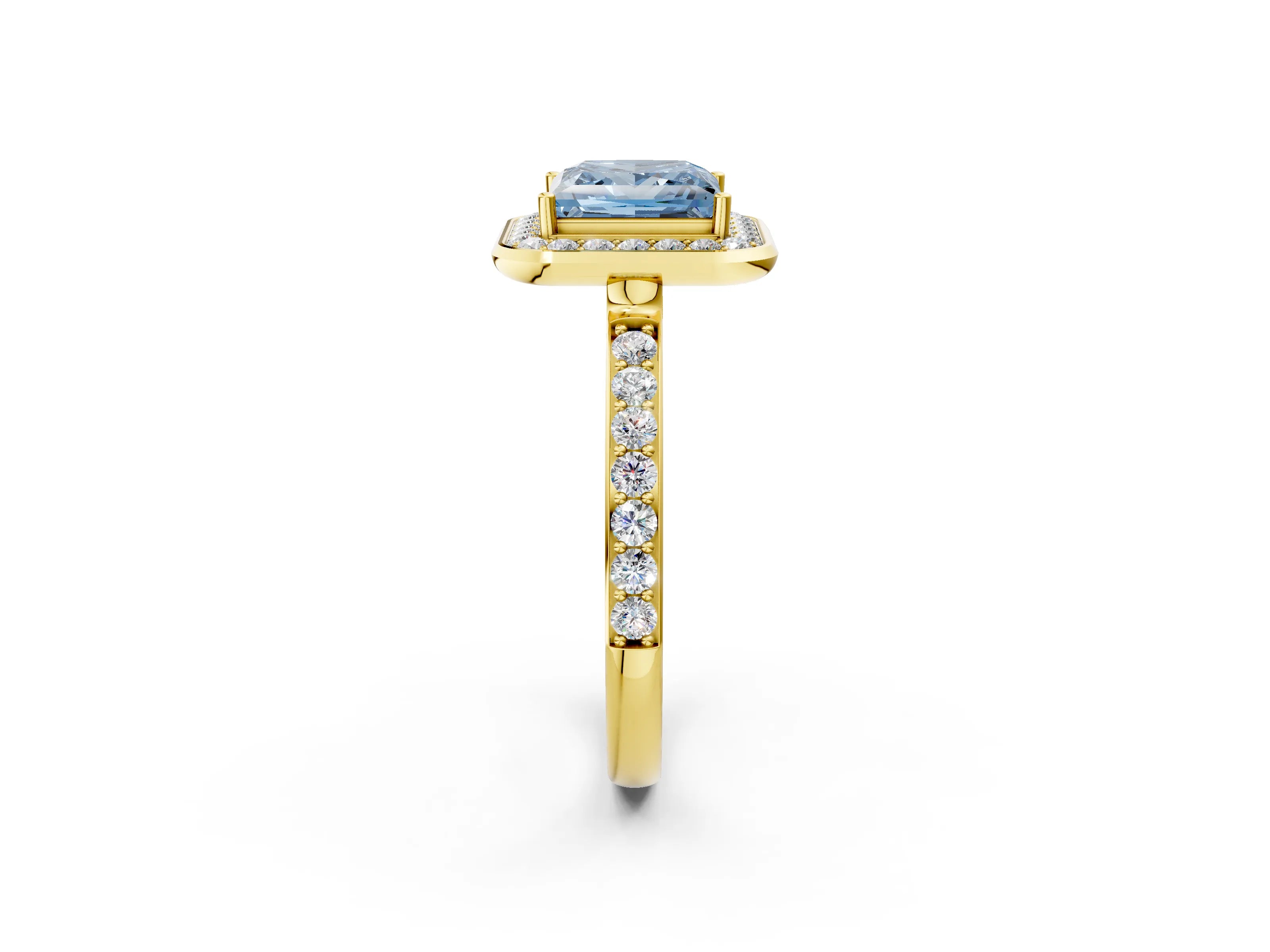 Yellow gold Fancy Blue Princess Cut Diamond Halo Ring with Bezel Frame and Pavé Band_2