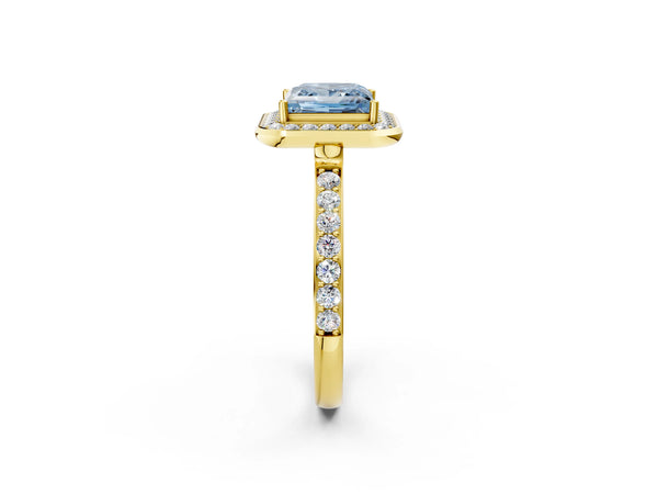 Yellow Gold Princess Cut Pave Bezel-Rim Halo Engagement Ring Setting for Fancy Blue Center