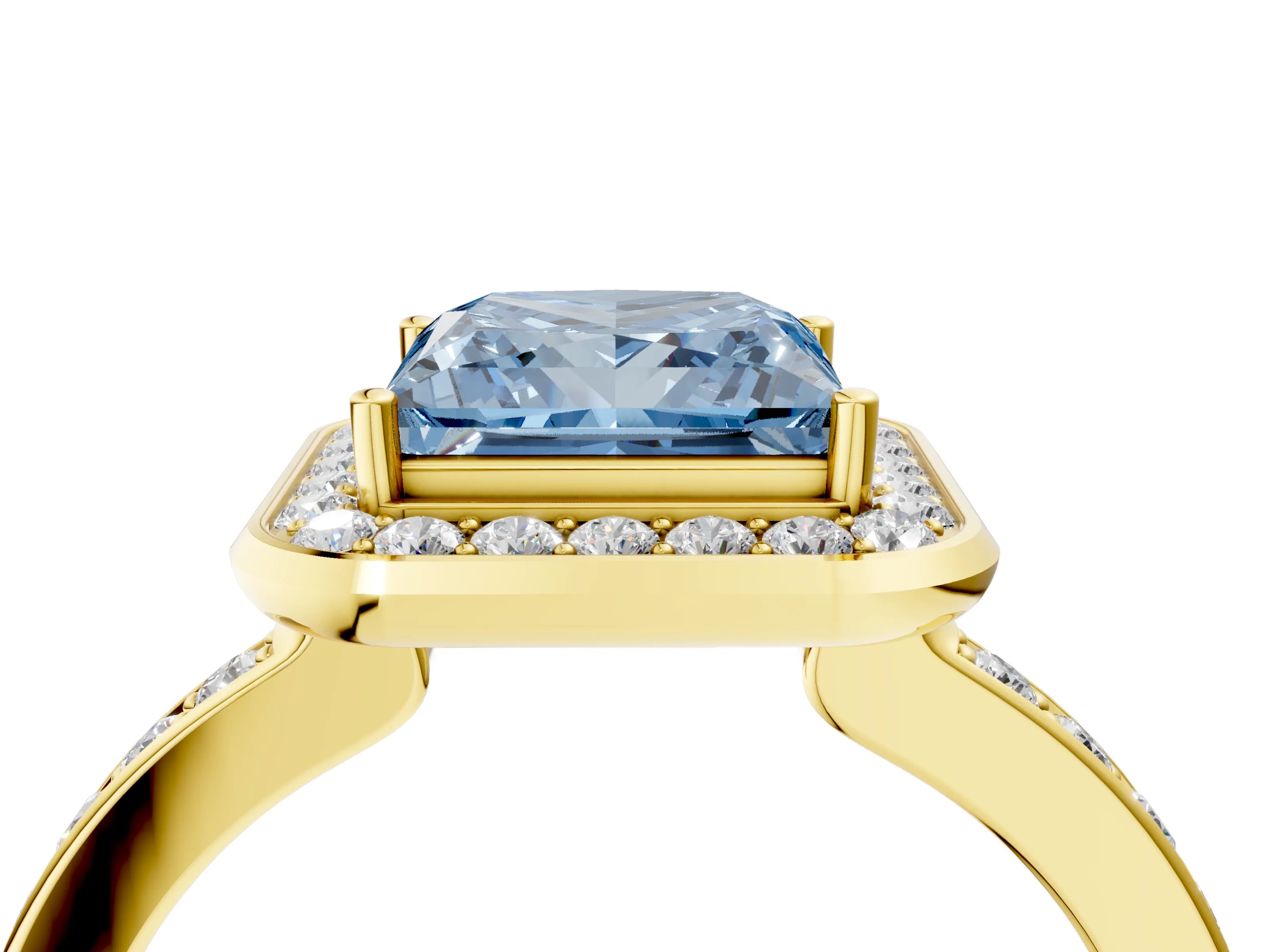 Yellow gold Fancy Blue Princess Cut Diamond Halo Ring with Bezel Frame and Pavé Band_4