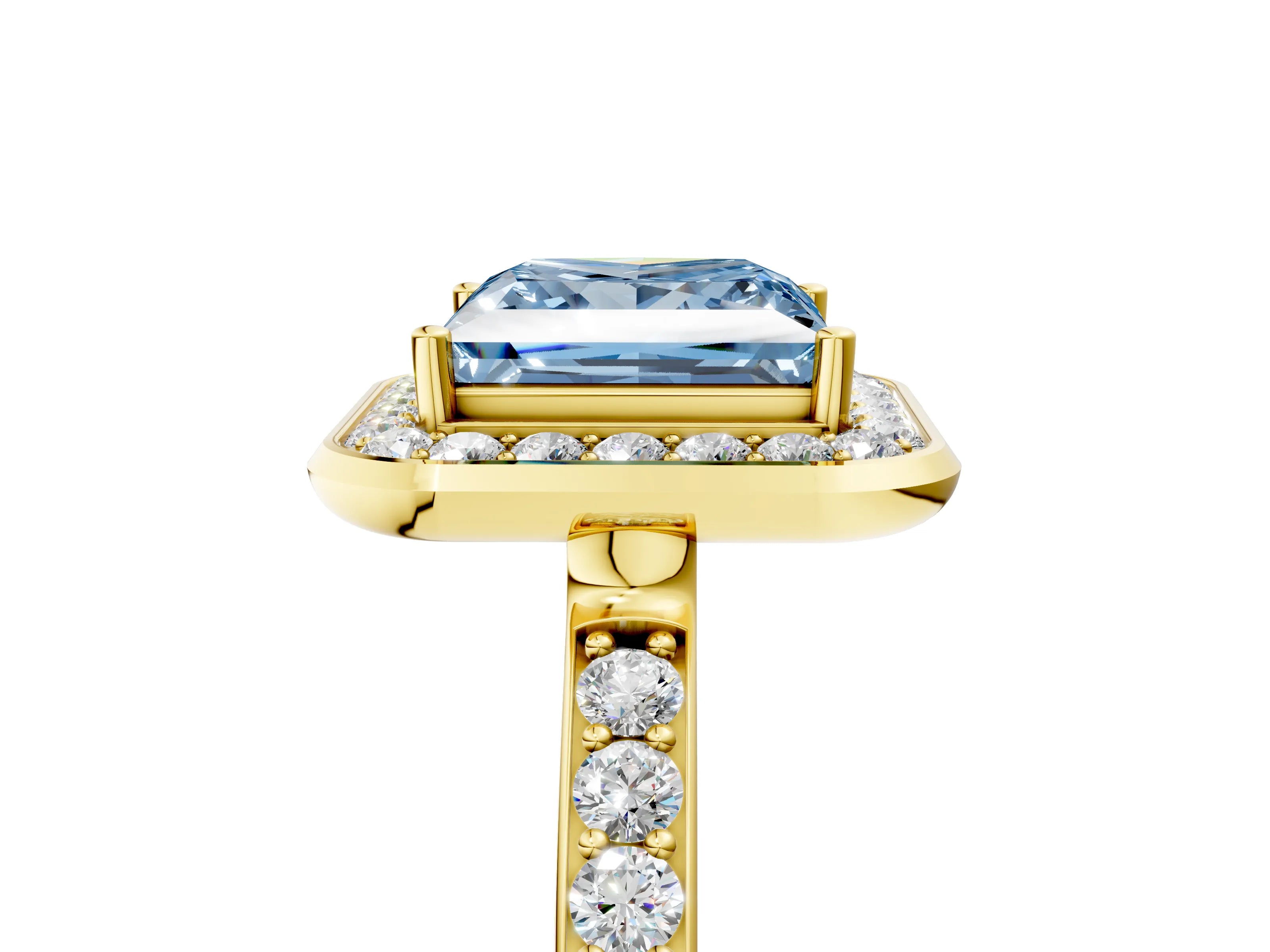 Yellow gold Fancy Blue Princess Cut Diamond Halo Ring with Bezel Frame and Pavé Band_5