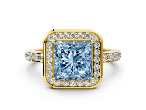 Yellow gold Fancy Blue Princess Cut Diamond Halo Ring with Bezel Frame and Pavé Band