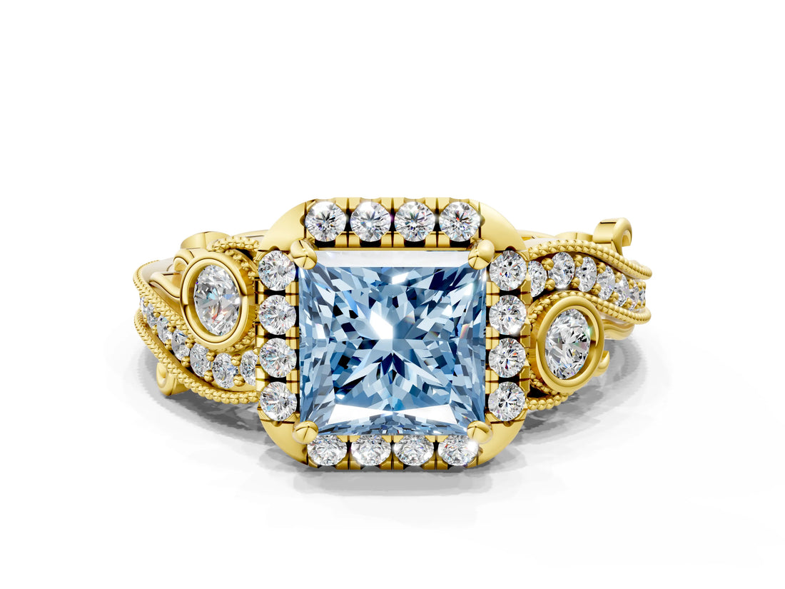 Yellow gold Fancy Blue Princess Cut Diamond Halo Ring with Milgrain Pavé Band and Four-Prong Setting_37