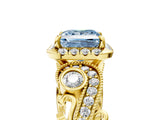 Yellow gold Fancy Blue Princess Cut Diamond Halo Ring with Milgrain Pavé Band and Four-Prong Setting_42