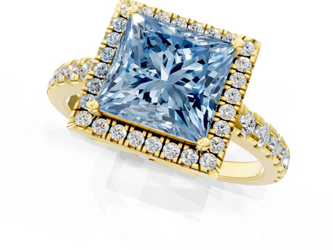 Yellow gold Fancy Blue Princess Cut Diamond Halo Ring with Pavé Band and Four-Prong Setting_1