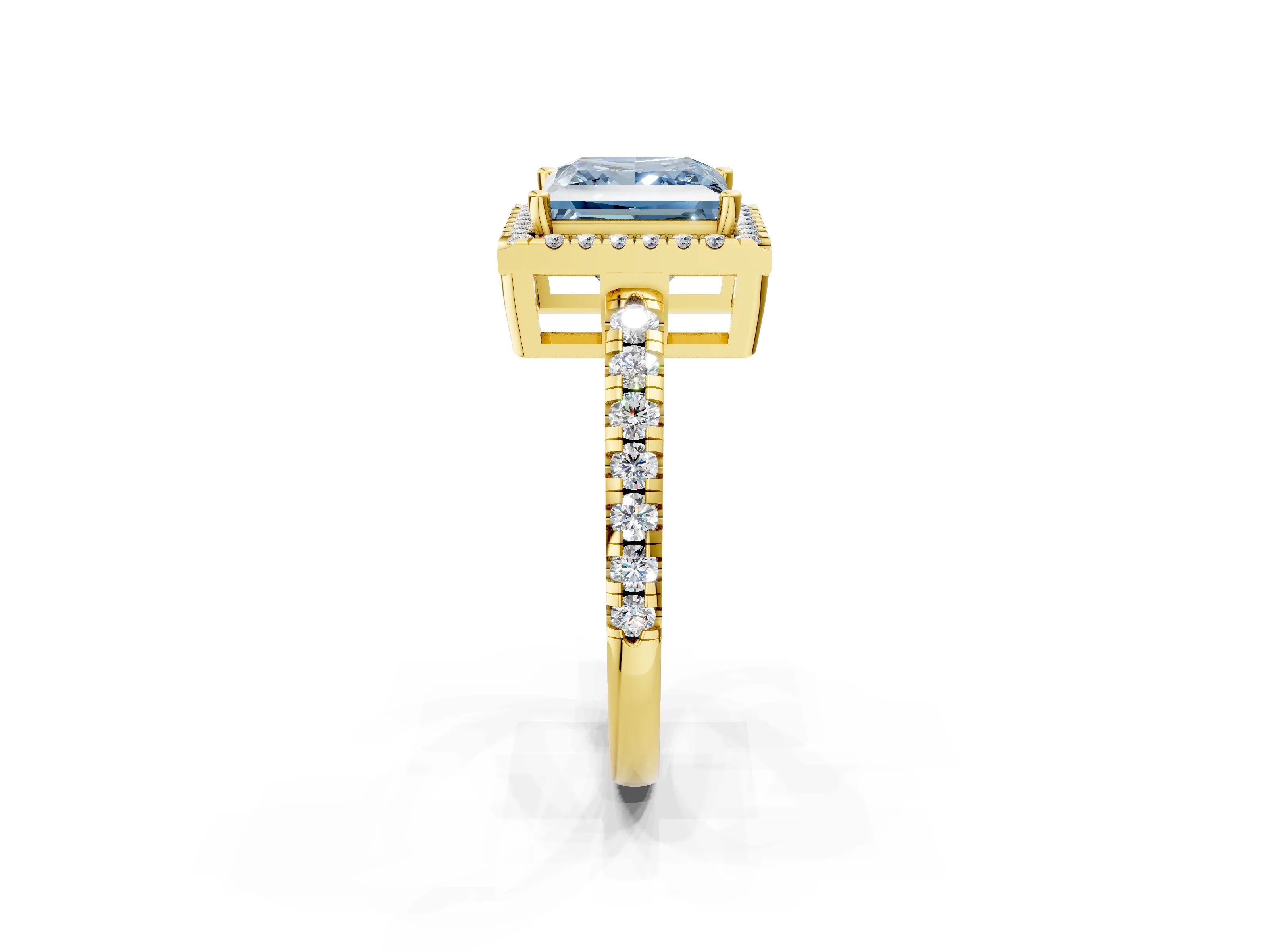 Yellow gold Fancy Blue Princess Cut Diamond Halo Ring with Pavé Band and Four-Prong Setting_2