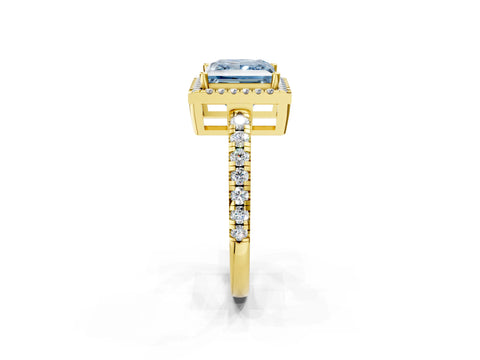 Yellow gold Fancy Blue Princess Cut Diamond Halo Ring with Pavé Band and Four-Prong Setting_2