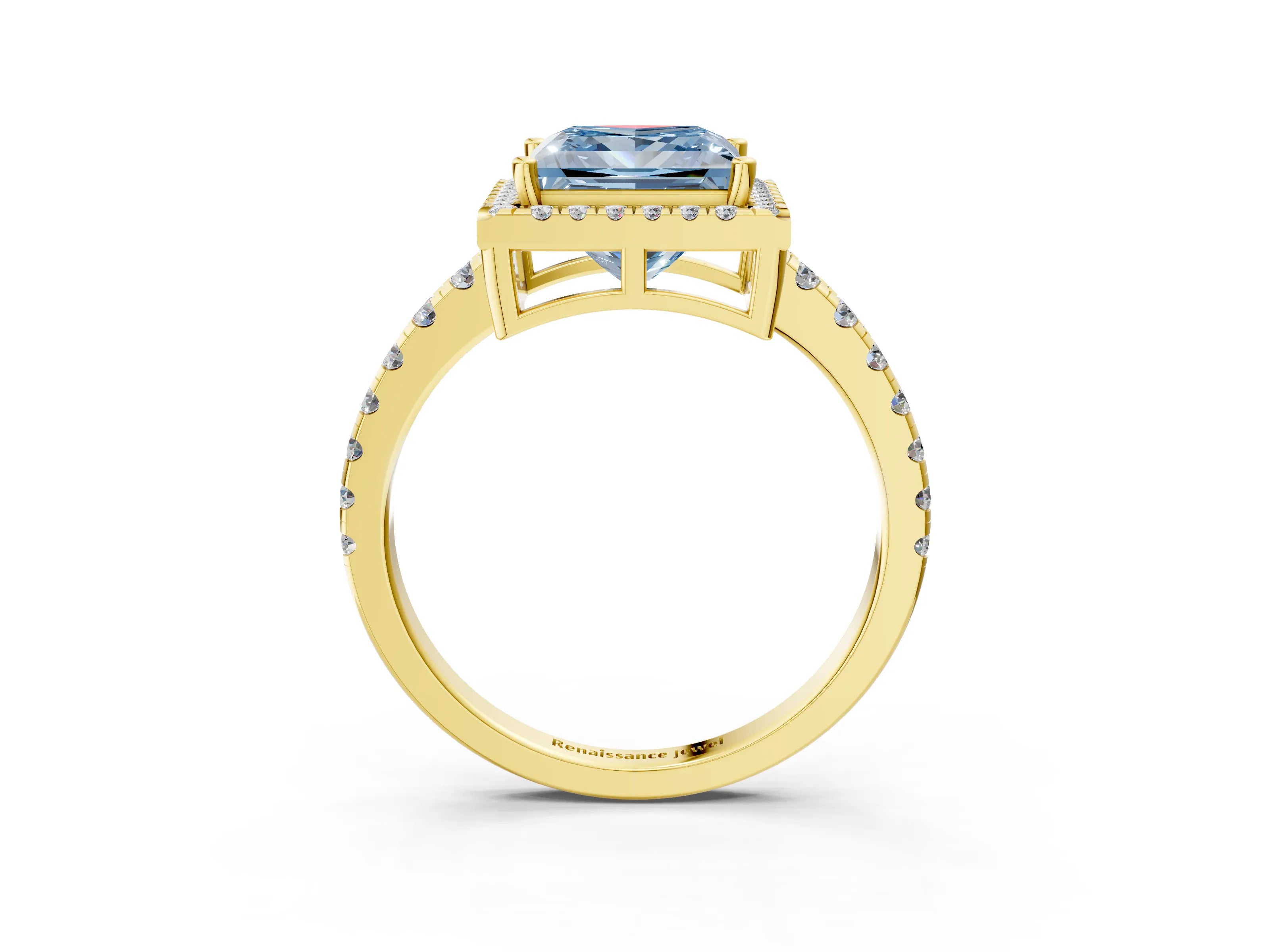 Yellow gold Fancy Blue Princess Cut Diamond Halo Ring with Pavé Band and Four-Prong Setting_3