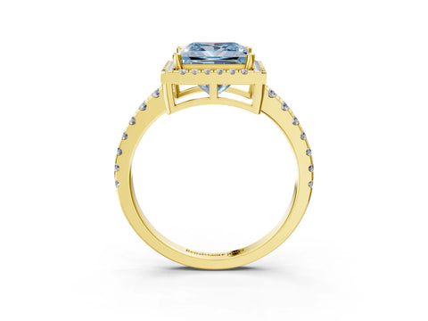 Yellow gold Fancy Blue Princess Cut Diamond Halo Ring with Pavé Band and Four-Prong Setting_3