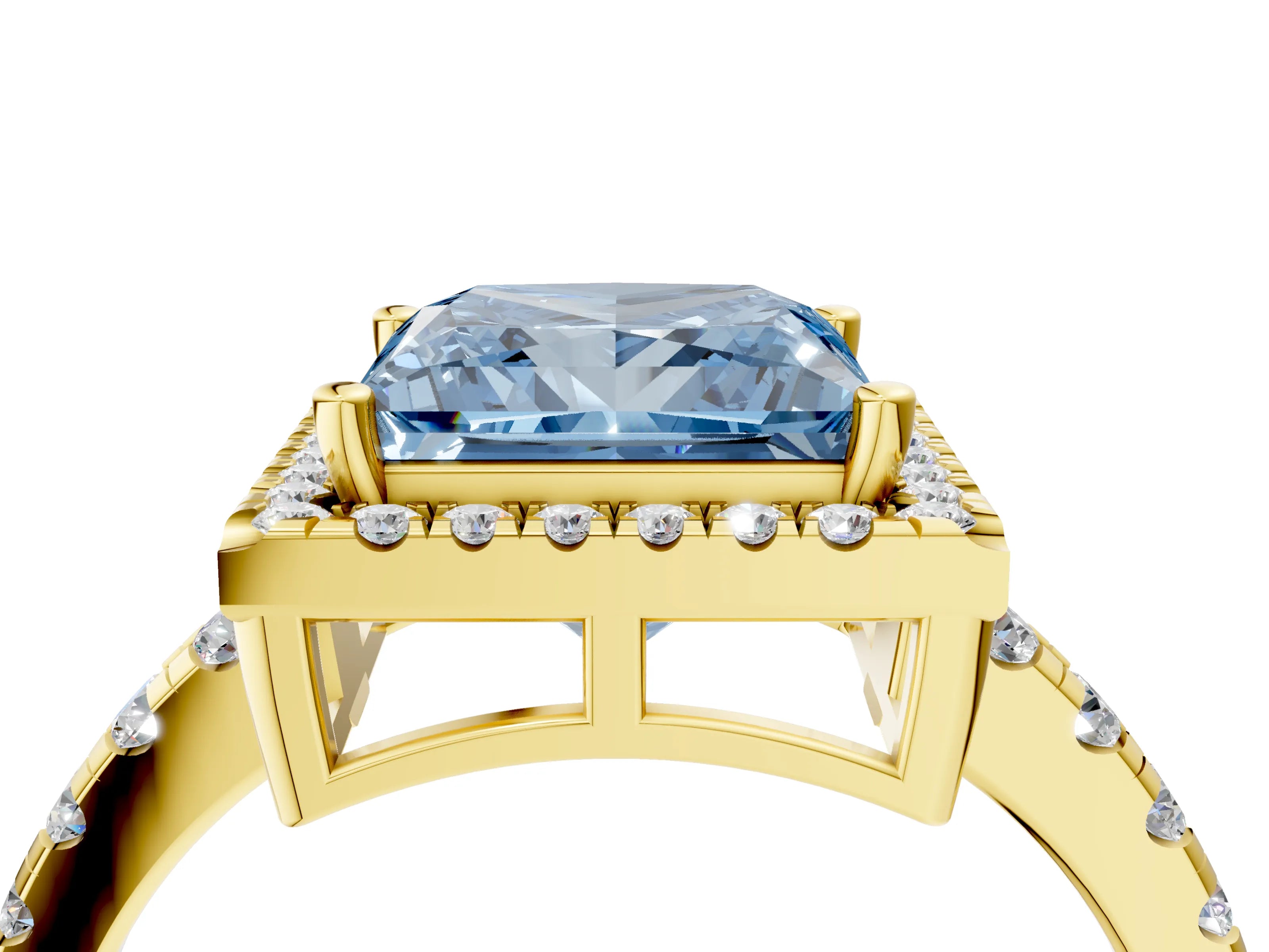 Yellow gold Fancy Blue Princess Cut Diamond Halo Ring with Pavé Band and Four-Prong Setting_4