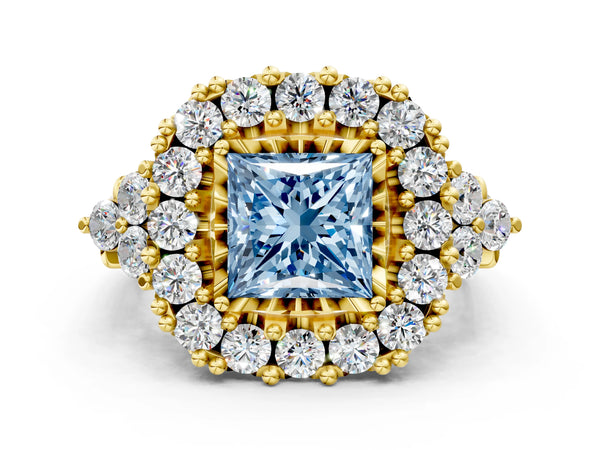 Yellow gold Fancy Blue Princess Cut Diamond Halo Ring with Pavé Band and Four-Prong Setting
