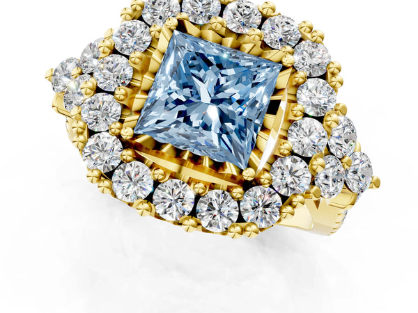 Yellow gold Fancy Blue Princess Cut Diamond Halo Ring with Pavé Band and Four-Prong Setting