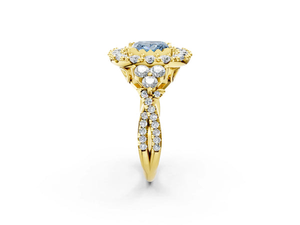 Yellow gold Fancy Blue Princess Cut Diamond Halo Ring with Pavé Band and Four-Prong Setting