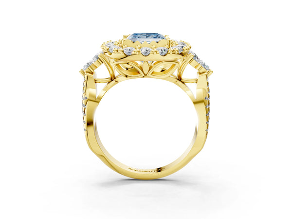 Yellow gold Fancy Blue Princess Cut Diamond Halo Ring with Pavé Band and Four-Prong Setting