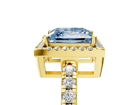 Yellow gold Fancy Blue Princess Cut Diamond Halo Ring with Pavé Band and Four-Prong Setting_5