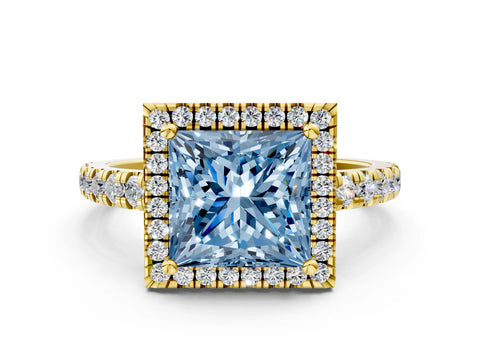Yellow gold Fancy Blue Princess Cut Diamond Halo Ring with Pavé Band and Four-Prong Setting