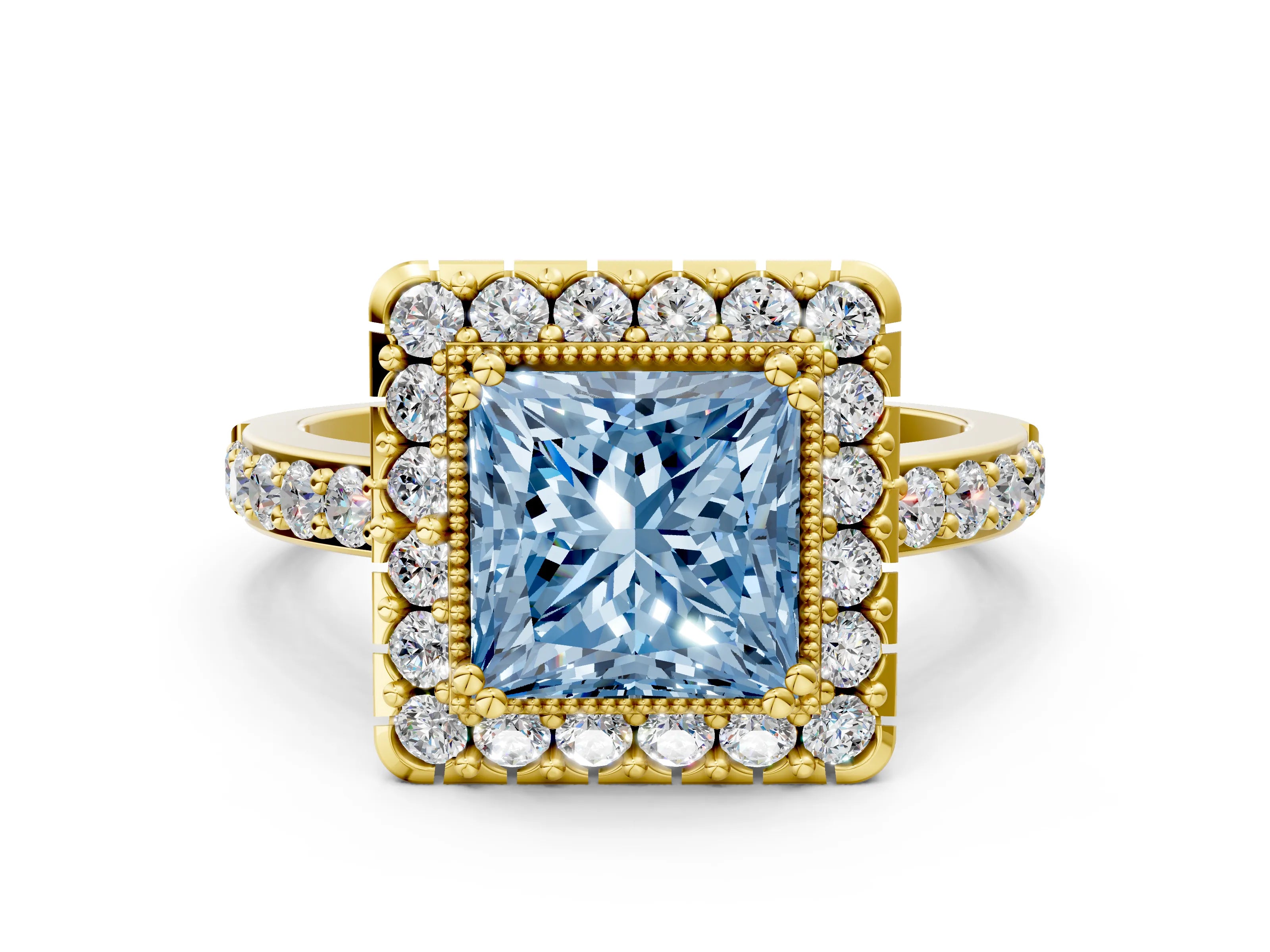 Yellow gold Fancy Blue Princess Cut Diamond Halo Ring with Pavé Band and Prong Setting