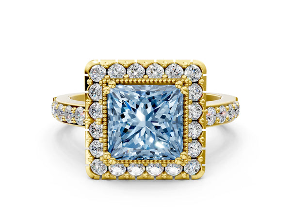 Yellow gold Fancy Blue Princess Cut Diamond Halo Ring with Pavé Band and Prong Setting