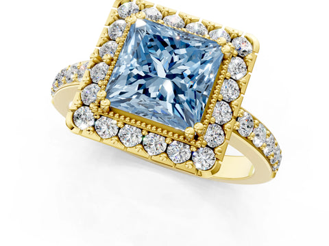 Yellow gold Fancy Blue Princess Cut Diamond Halo Ring with Pavé Band and Prong Setting_1