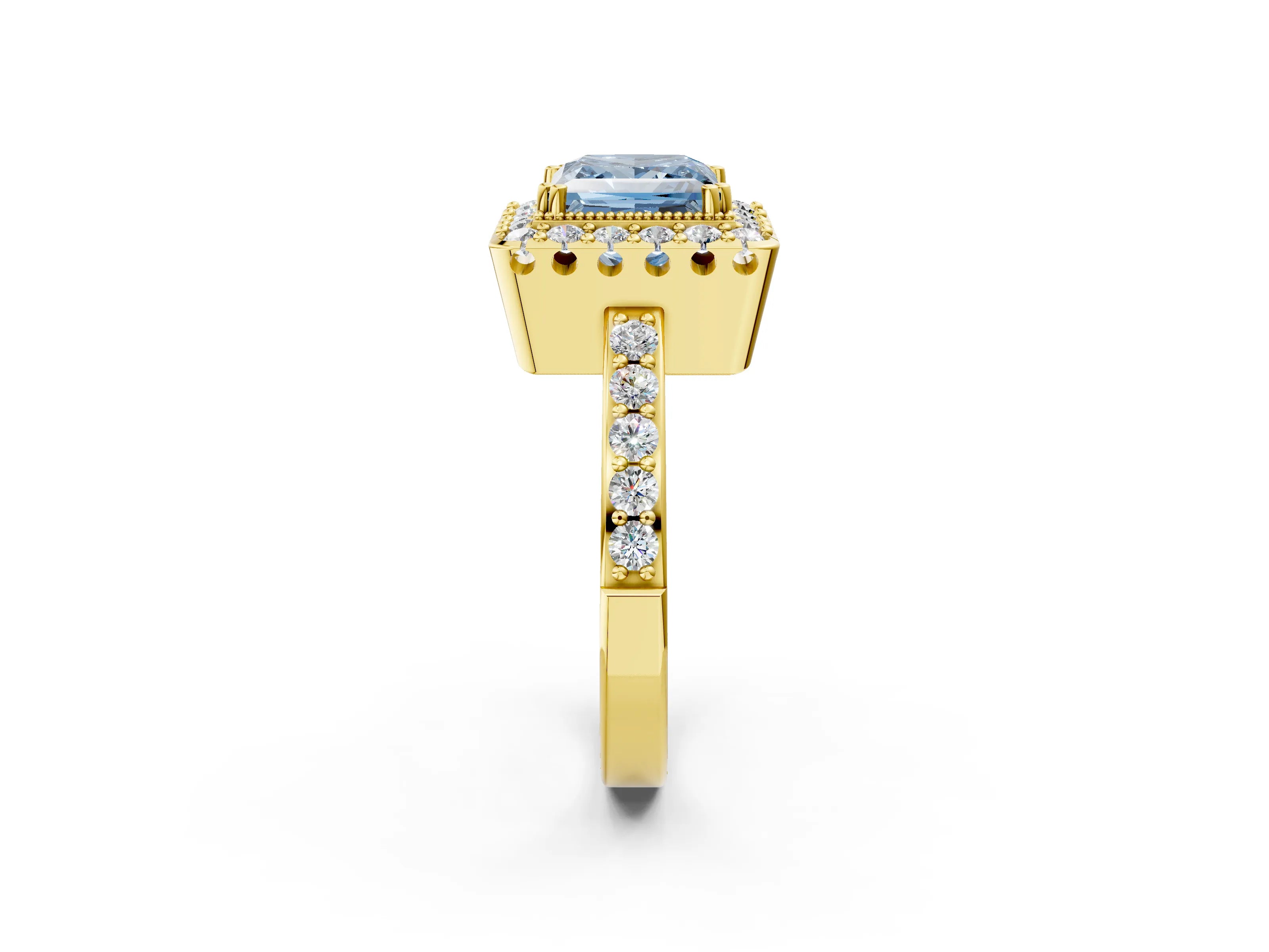 Yellow gold Fancy Blue Princess Cut Diamond Halo Ring with Pavé Band and Prong Setting_2