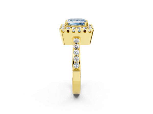Yellow gold Fancy Blue Princess Cut Diamond Halo Ring with Pavé Band and Prong Setting