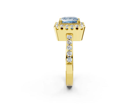 Yellow gold Fancy Blue Princess Cut Diamond Halo Ring with Pavé Band and Prong Setting_2