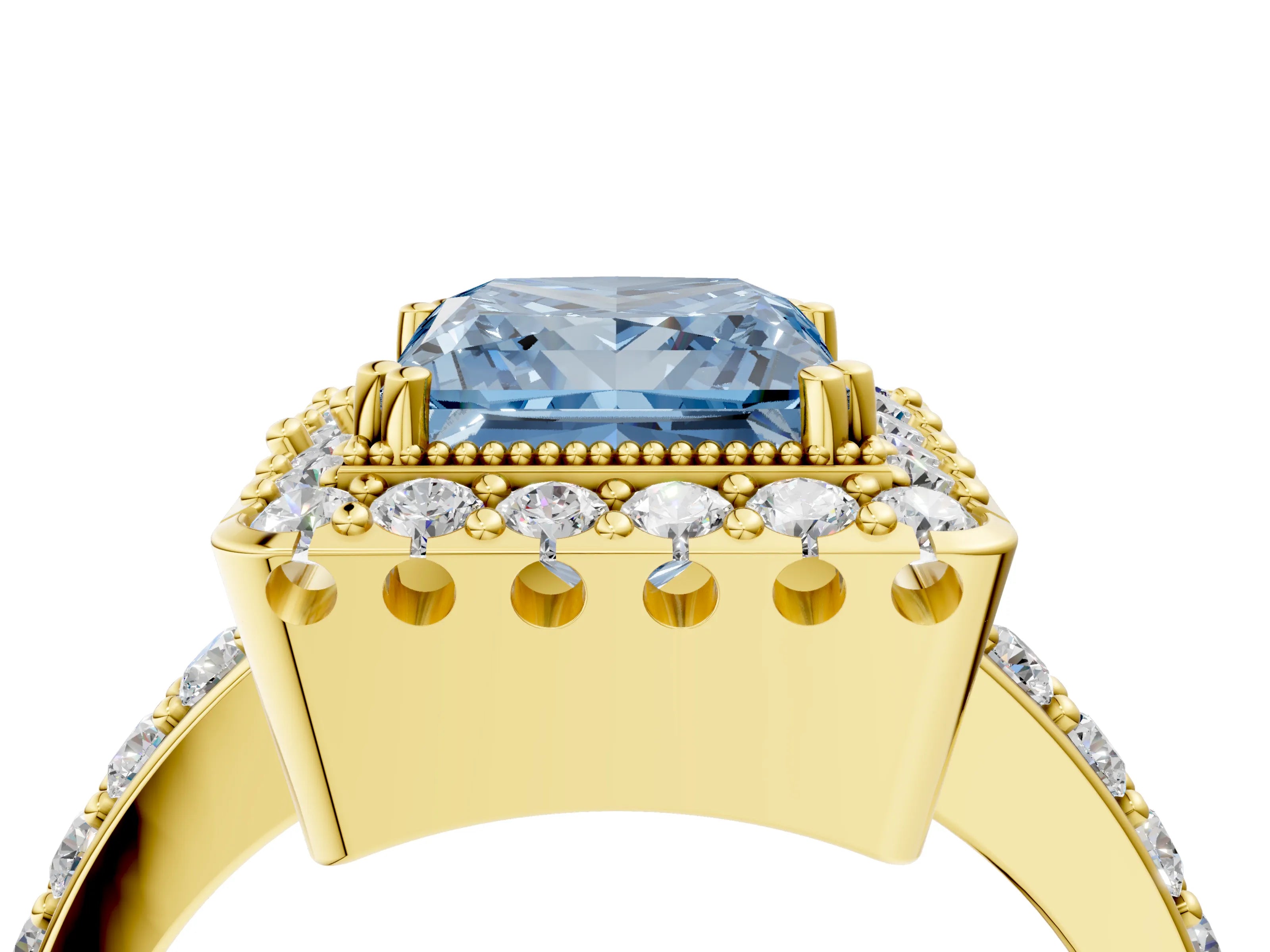 Yellow gold Fancy Blue Princess Cut Diamond Halo Ring with Pavé Band and Prong Setting_4
