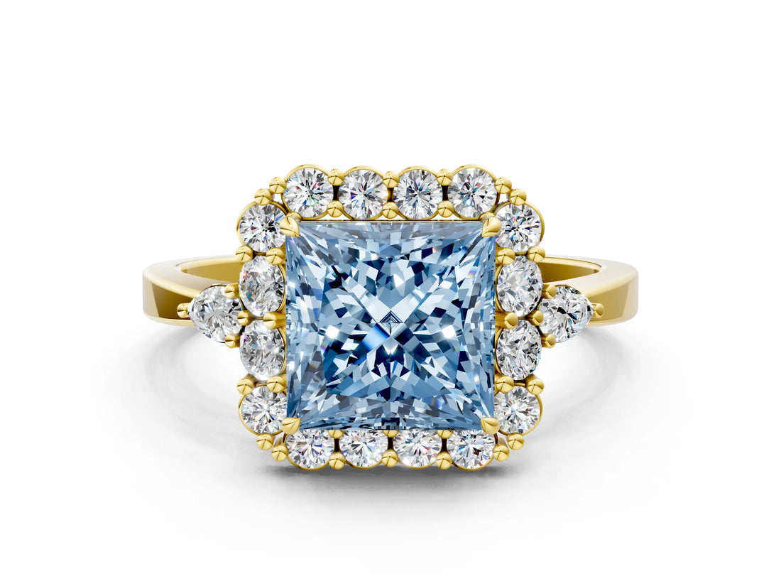Yellow gold Fancy Blue Princess Cut Diamond Halo Ring with Pear Side Stones and Prong Setting_68