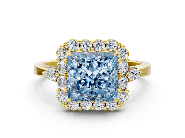 Yellow Gold Princess Cut Halo Engagement Ring Setting for Fancy Blue Center with Pear Accents