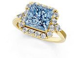 Yellow gold Fancy Blue Princess Cut Diamond Halo Ring with Pear Side Stones and Prong Setting_69