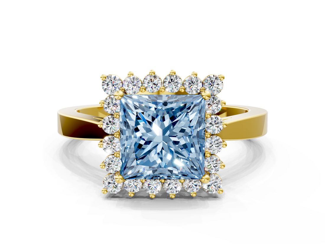 Yellow gold Fancy Blue Princess  Cut Diamond Halo Ring with Round Brilliant Halo and Solitaire Band_87