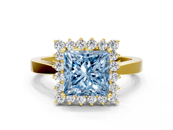 Yellow gold Fancy Blue Princess  Cut Diamond Halo Ring with Round Brilliant Halo and Solitaire Band