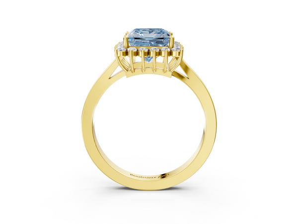 Yellow gold Fancy Blue Princess  Cut Diamond Halo Ring with Round Brilliant Halo and Solitaire Band