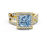 Yellow gold Fancy Blue Princess Cut Diamond Halo Ring with Round Split Shank and Prong Setting_36