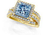 Yellow gold Fancy Blue Princess Cut Diamond Halo Ring with Round Split Shank and Prong Setting_37