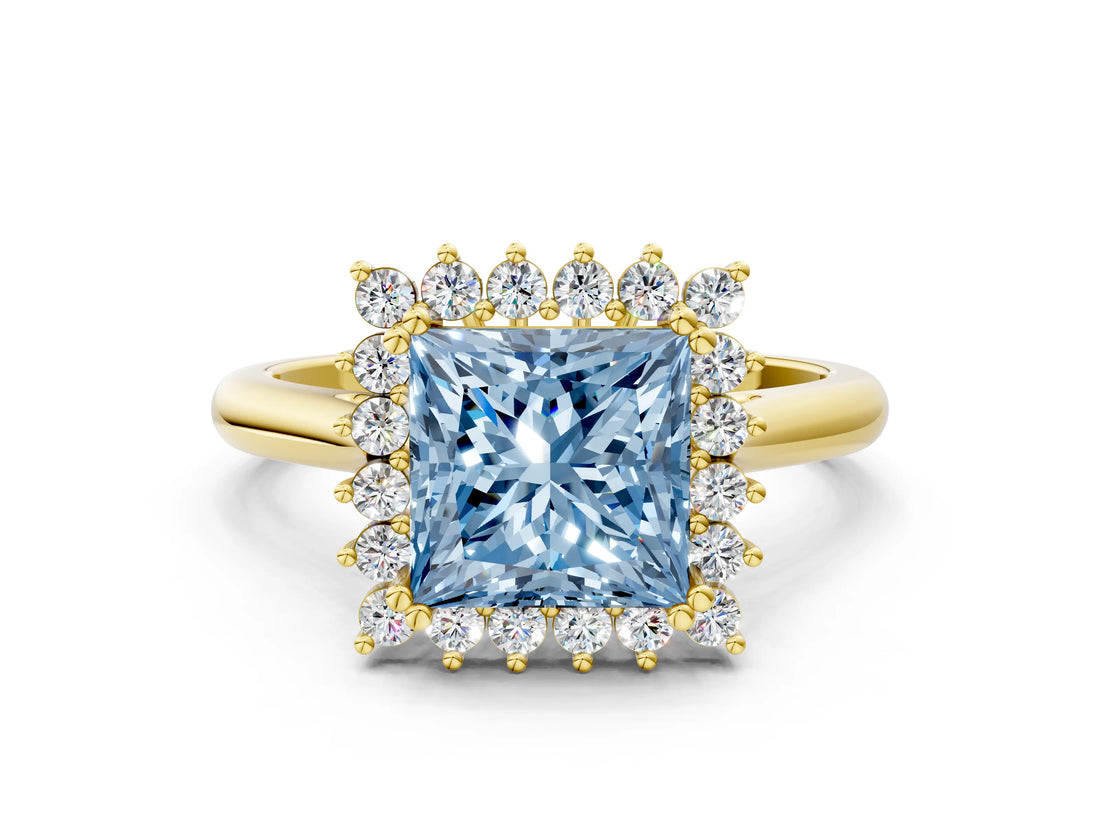 Yellow gold Fancy Blue Princess  Cut Diamond Halo Ring with Solitaire Band and Prong Setting_53