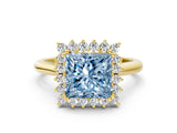 Yellow gold Fancy Blue Princess  Cut Diamond Halo Ring with Solitaire Band and Prong Setting_53