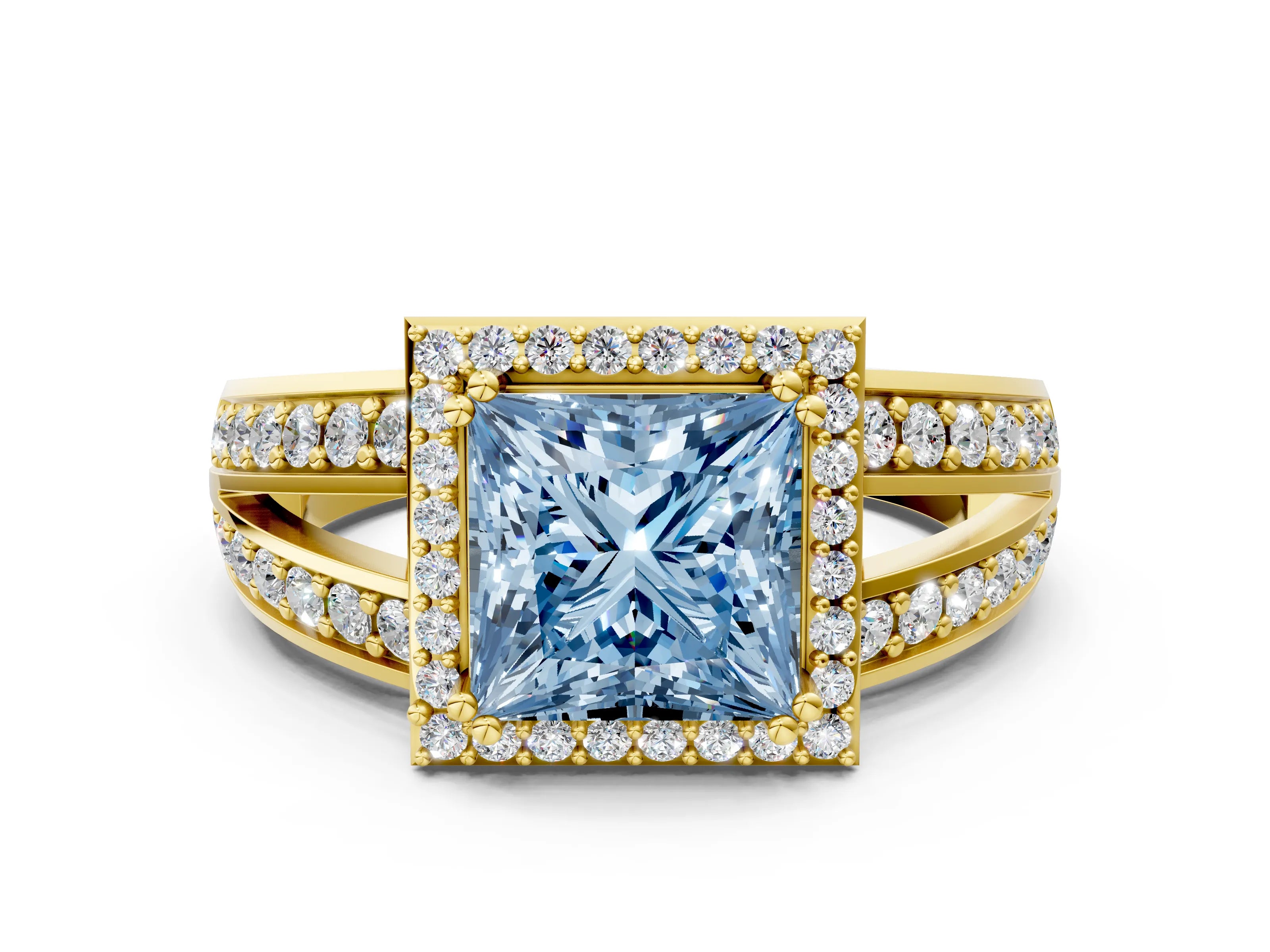 Yellow gold Fancy Blue Princess Cut Diamond Halo Ring with Split Shank Pavé Band and Four-Prong Setting