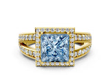 Yellow gold Fancy Blue Princess Cut Diamond Halo Ring with Split Shank Pavé Band and Four-Prong Setting