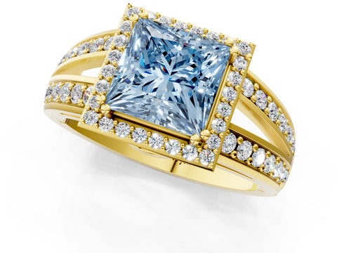 Yellow gold Fancy Blue Princess Cut Diamond Halo Ring with Split Shank Pavé Band and Four-Prong Setting_1