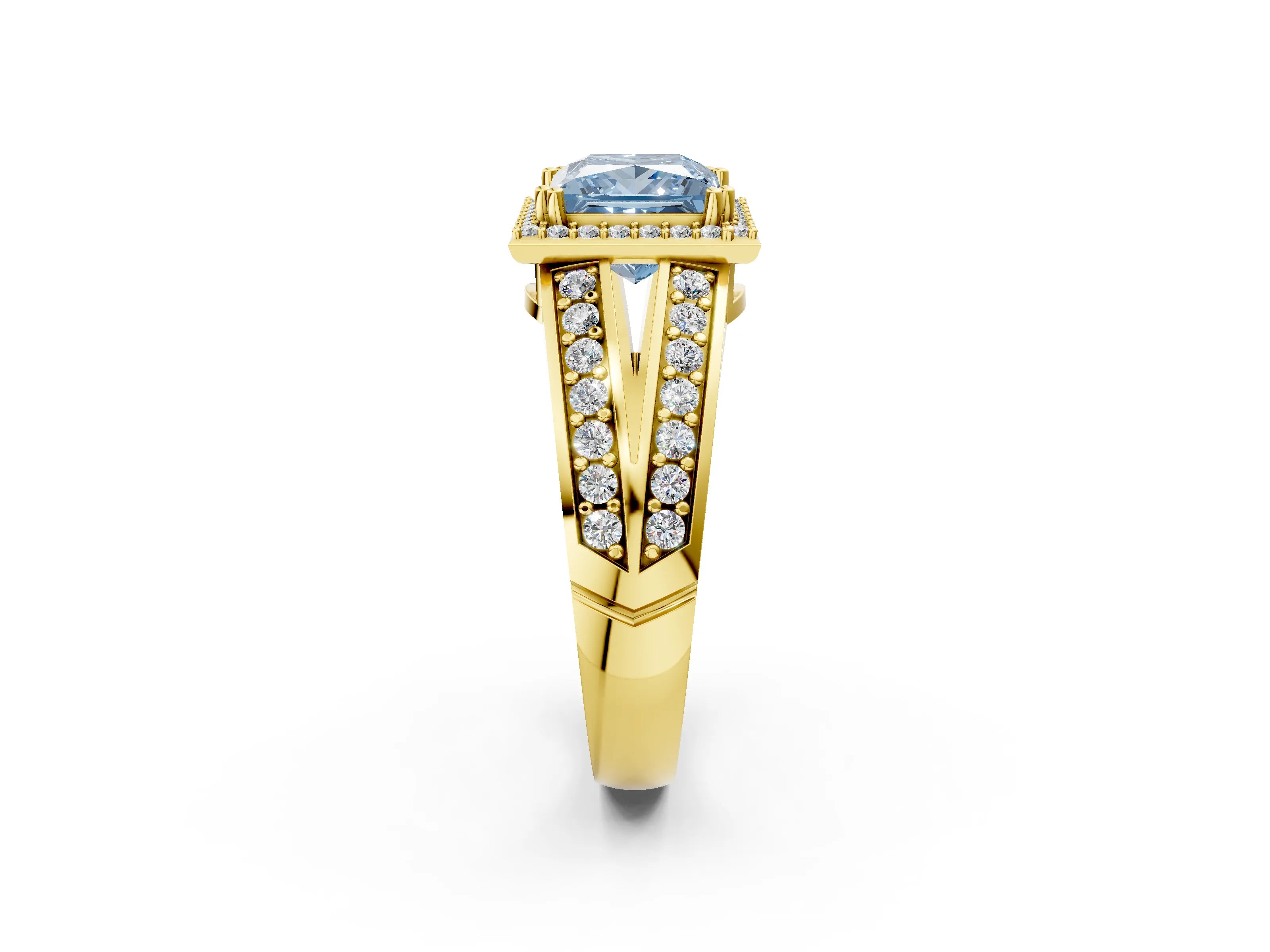Yellow gold Fancy Blue Princess Cut Diamond Halo Ring with Split Shank Pavé Band and Four-Prong Setting_2