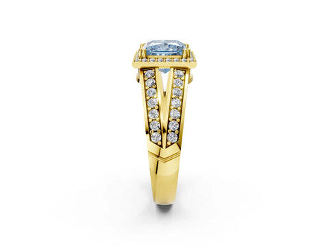 Yellow gold Fancy Blue Princess Cut Diamond Halo Ring with Split Shank Pavé Band and Four-Prong Setting_2