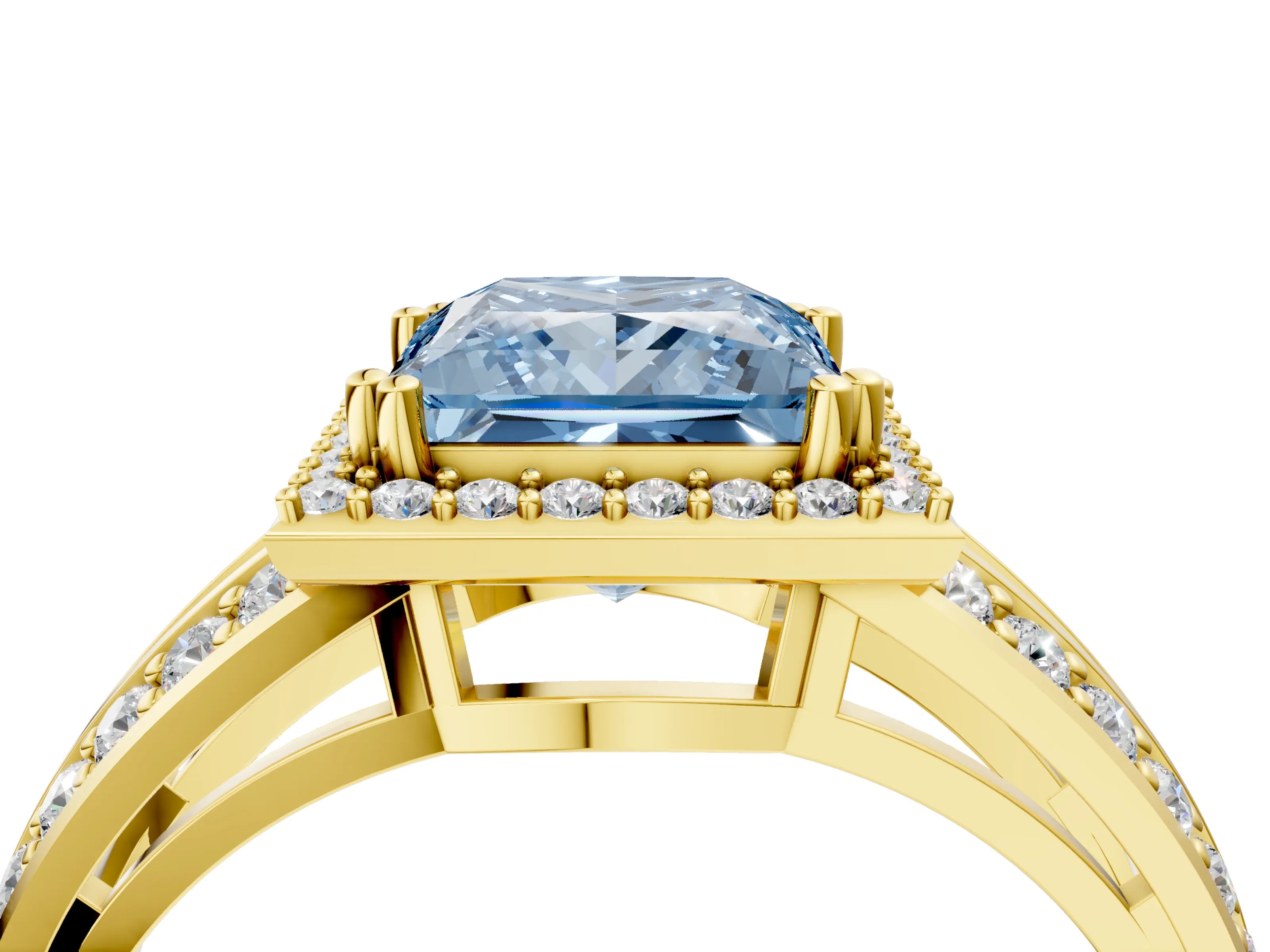 Yellow gold Fancy Blue Princess Cut Diamond Halo Ring with Split Shank Pavé Band and Four-Prong Setting_4