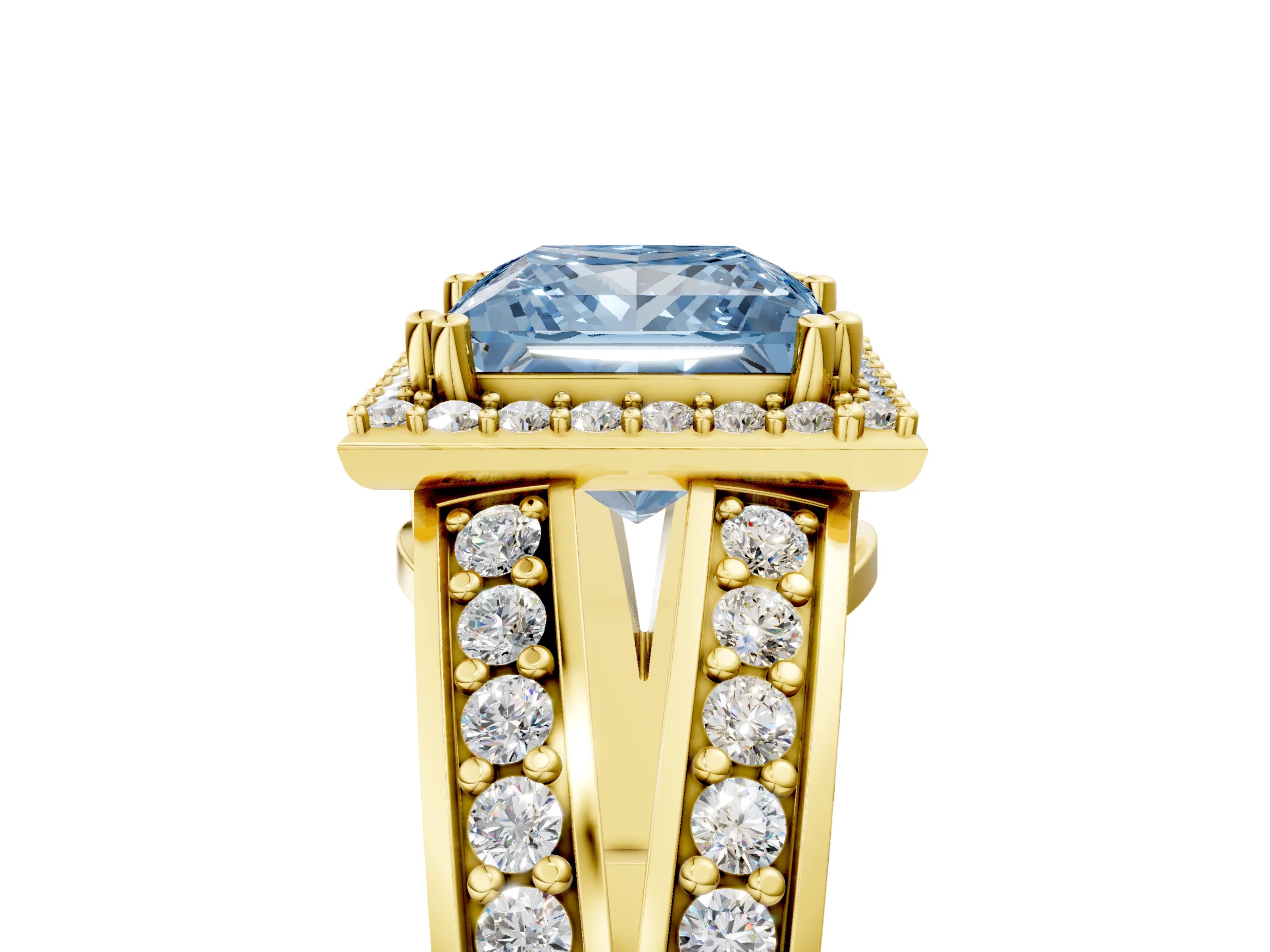 Yellow gold Fancy Blue Princess Cut Diamond Halo Ring with Split Shank Pavé Band and Four-Prong Setting_5