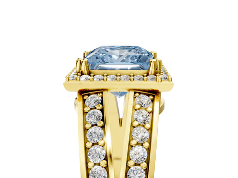 Yellow gold Fancy Blue Princess Cut Diamond Halo Ring with Split Shank Pavé Band and Four-Prong Setting_5